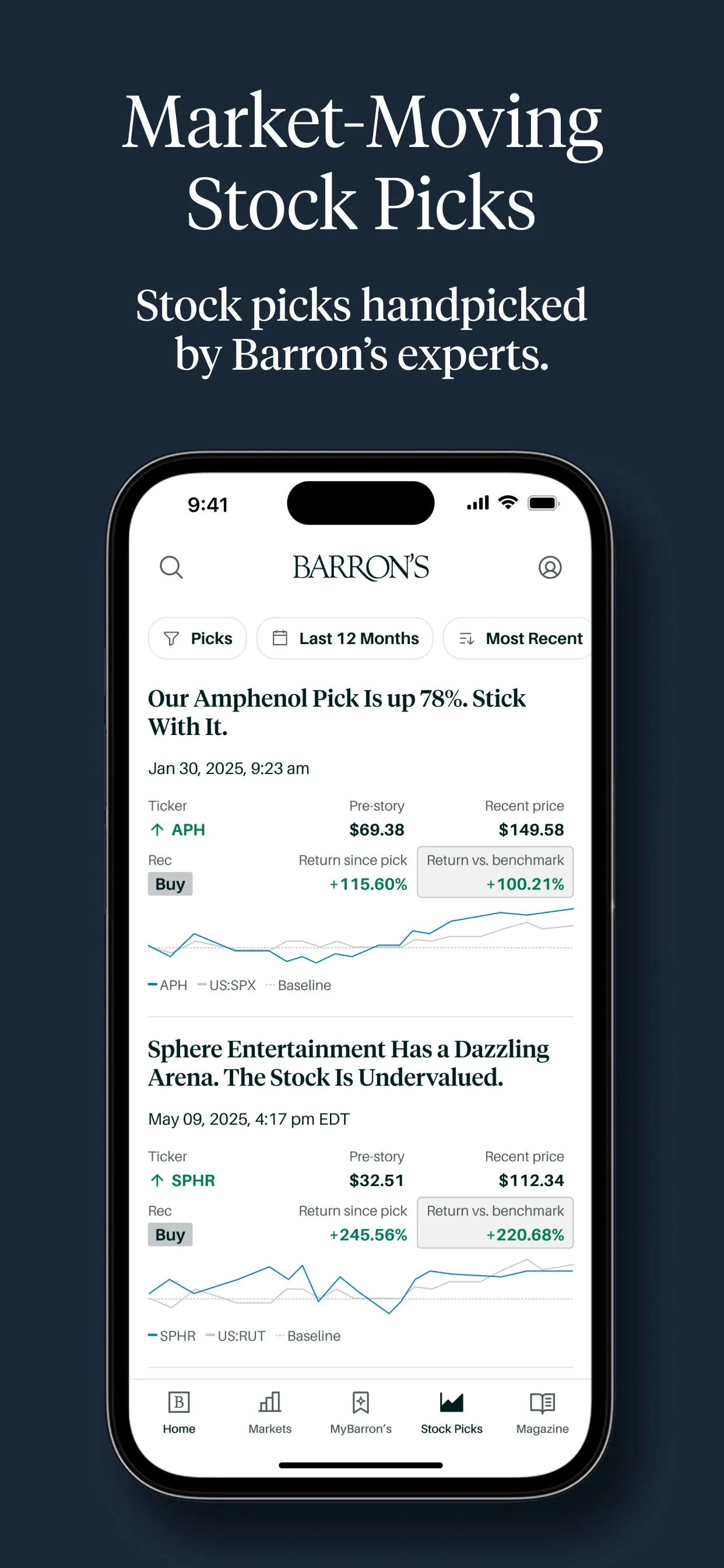 Stock Picks tab with Buy calls and return since pick, caption 'Market-moving stock picks'