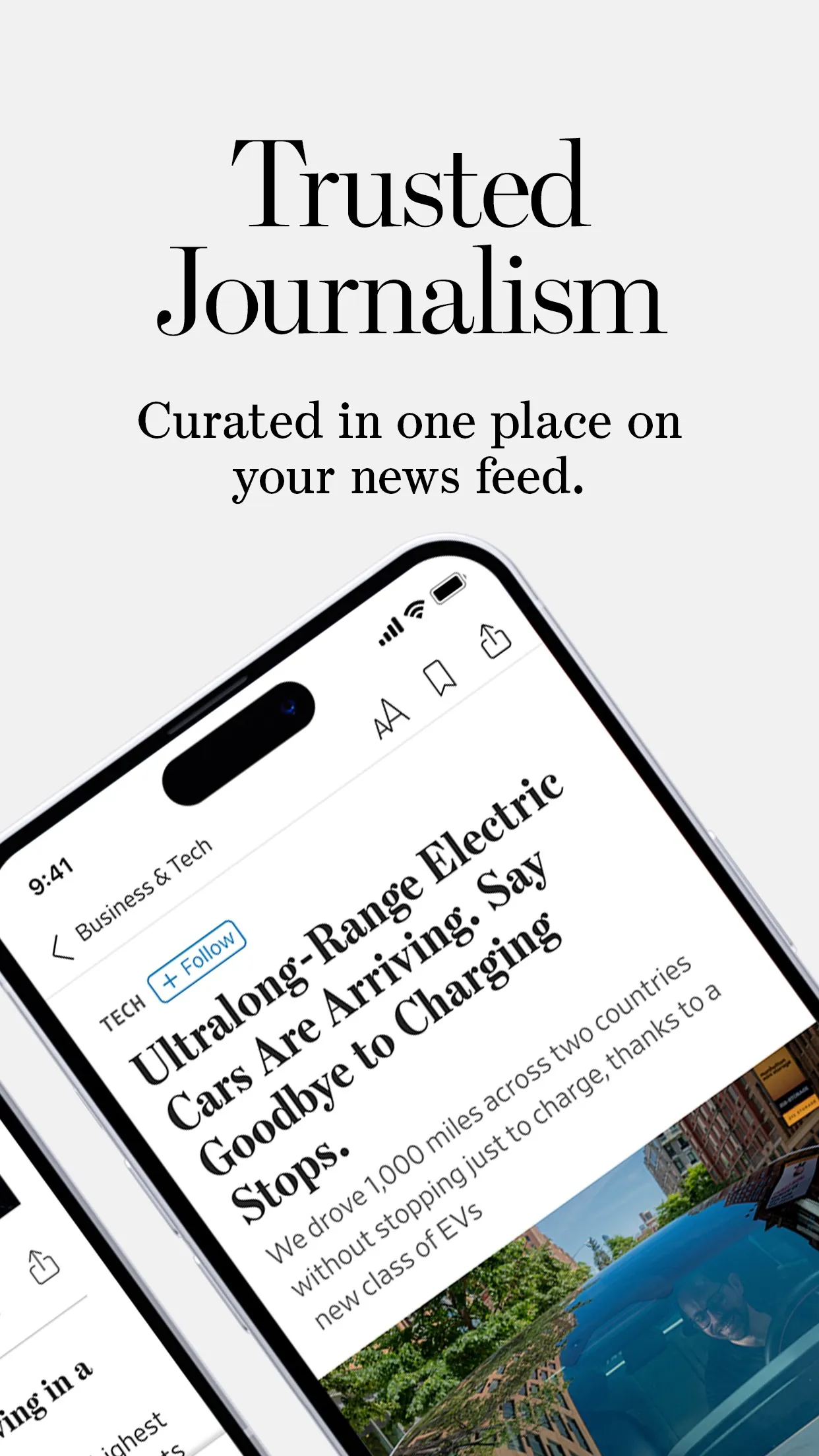 An article in the Business & Tech section about ultralong-range electric cars, caption 'Trusted journalism'