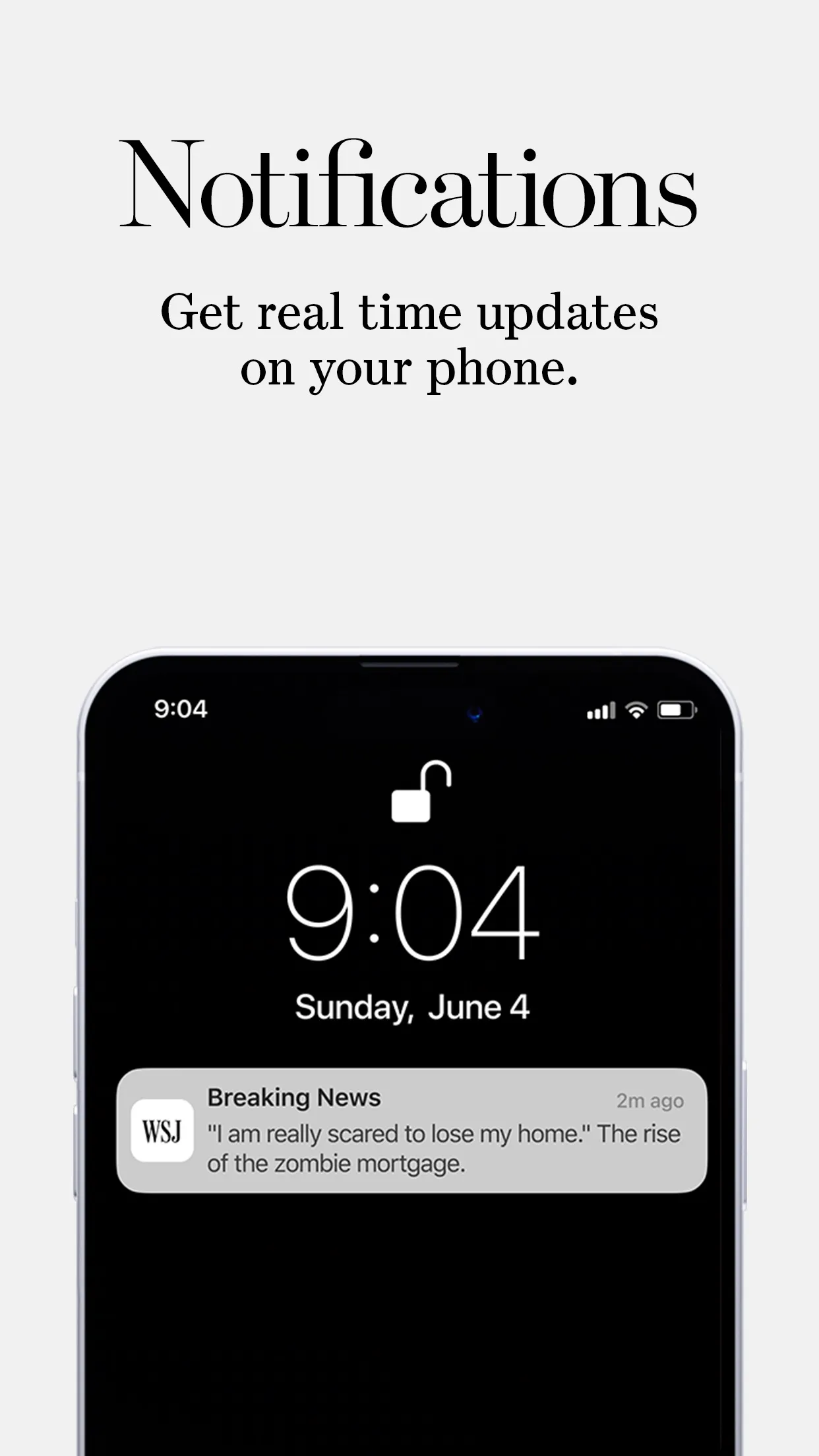 iPhone lock screen at 9:04 with a WSJ Breaking News notification, caption 'Notifications'