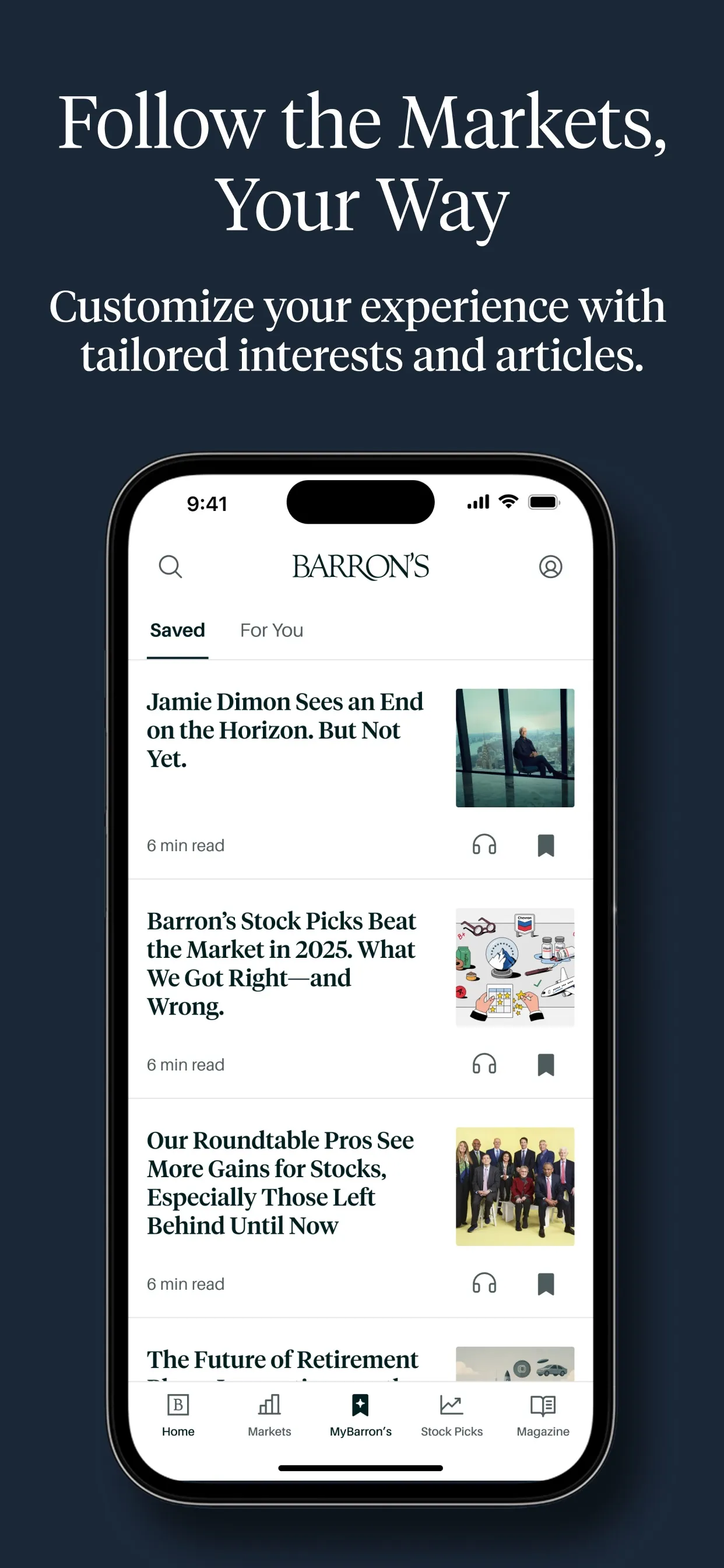MyBarron's with Saved and For You tabs, caption 'Follow the markets, your way'