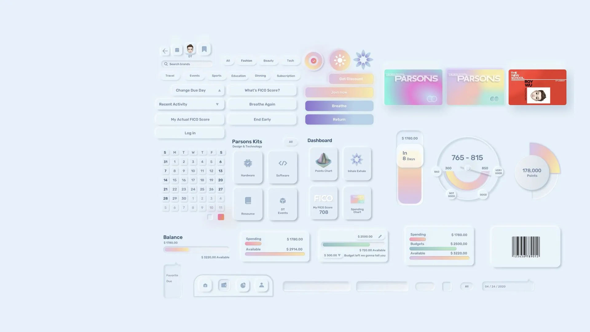 Component sheet: navigation icons, category chips, buttons, a calendar, Parsons card variants, a dashboard tile set, a FICO-style gauge, a points dial, balance and budget bars and a barcode