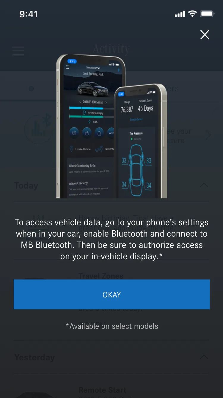 Onboarding sheet explaining how to enable Bluetooth and authorize the app on the in-vehicle display