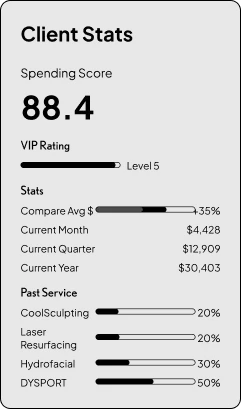 Client stats card in light theme: a spending score, a VIP rating bar, spend for the month, quarter and year, and a past-service breakdown