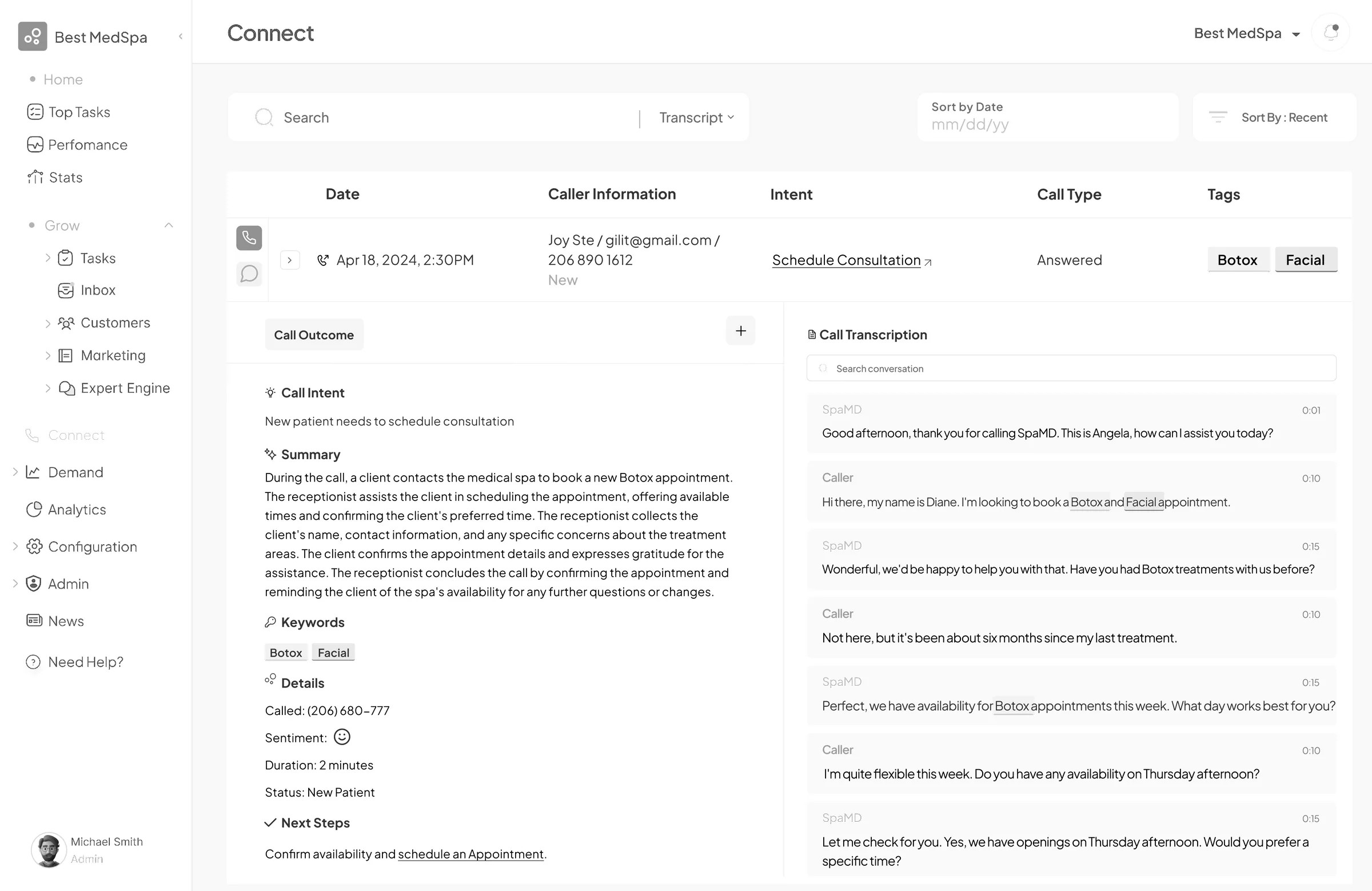 An expanded call record: on the left a call outcome card with intent, AI summary, keywords, sentiment, duration and next steps, on the right a turn-by-turn call transcription with timestamps and highlighted treatment keywords