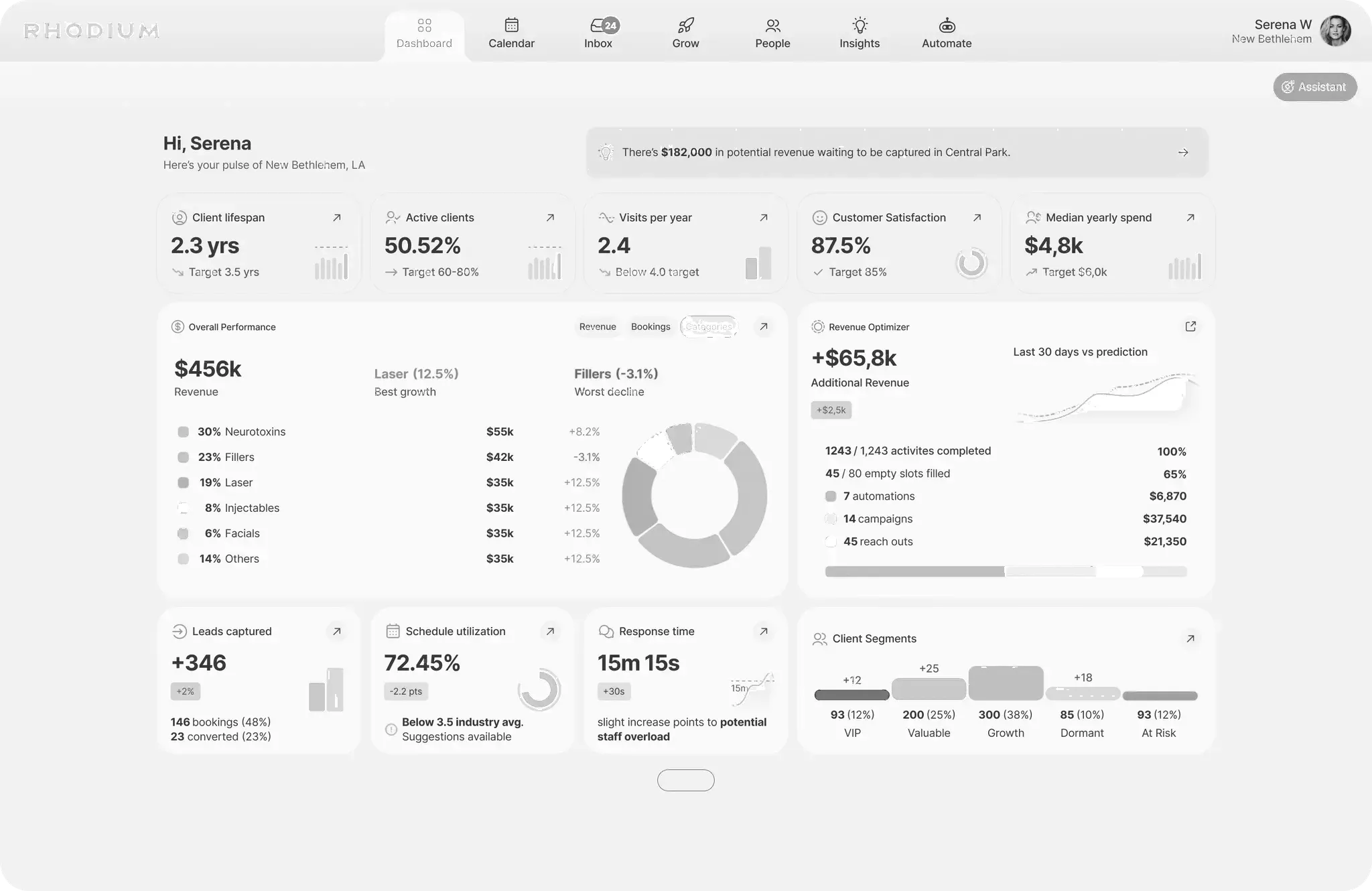 The Rhodium operations dashboard: a greeting banner with a revenue-opportunity callout, KPI cards for client lifespan, active clients, visits per year, satisfaction and yearly spend, a performance donut by service category, a Revenue Optimizer card, and a client-segments breakdown from VIP to At Risk