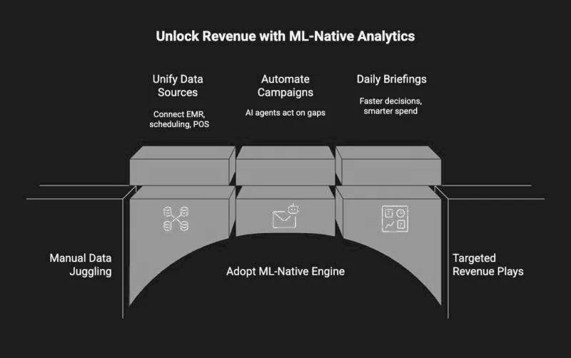 Bridge diagram titled Unlock Revenue with ML-Native Analytics: an arch labeled Adopt ML-Native Engine carries three pillars, unify data sources, automate campaigns and daily briefings, from manual data juggling to targeted revenue plays