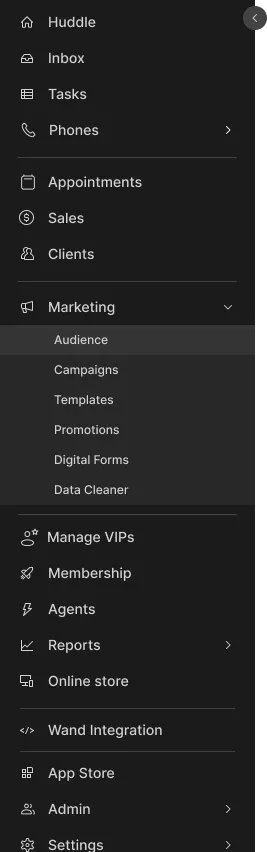 Expanded navigation sidebar listing the platform's areas: huddle, inbox, tasks, phones, appointments, sales, clients, marketing with its sub-pages, VIPs, membership, agents, reports, online store, integrations, app store, admin and settings