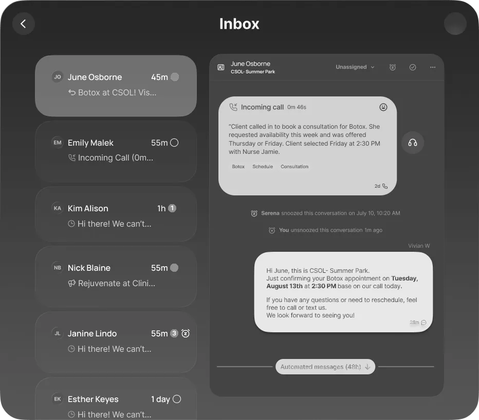 Dark-theme unified inbox: a list of conversations on the left, and on the right a thread that opens with an incoming call card showing duration, sentiment and an AI summary with tags, followed by a staff text message confirming the appointment