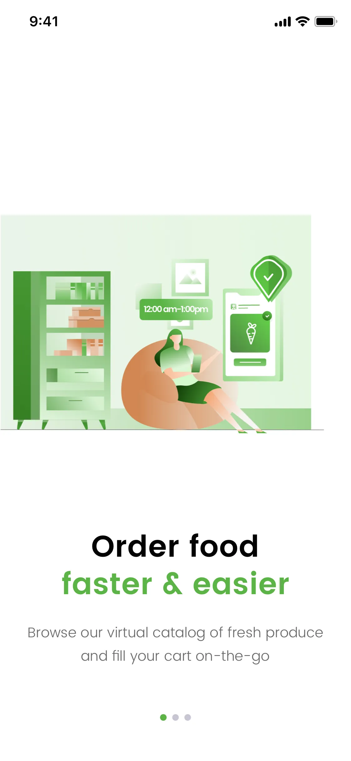 Walkthrough screen 1: illustration of a person browsing on a bean bag next to a shelf and an order card, headline 'Order food' over 'faster & easier', subtitle 'Browse our virtual catalog of fresh produce and fill your cart on-the-go'