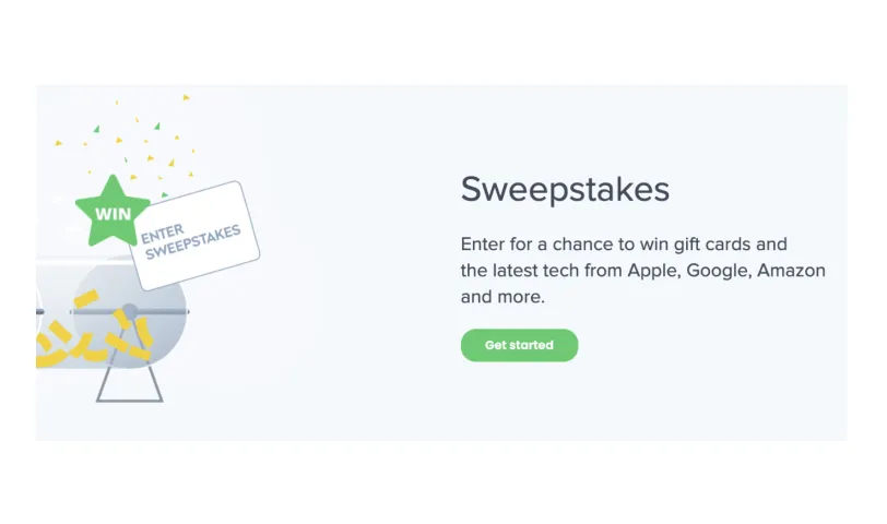 Sweepstakes section: enter for a chance to win gift cards and tech from Apple, Google and Amazon