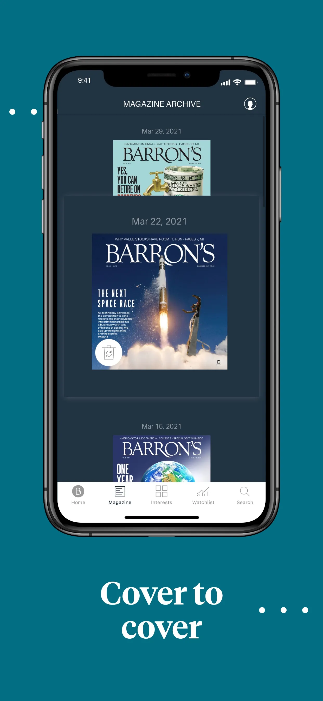 Magazine archive with weekly Barron's covers, caption 'Cover to cover'