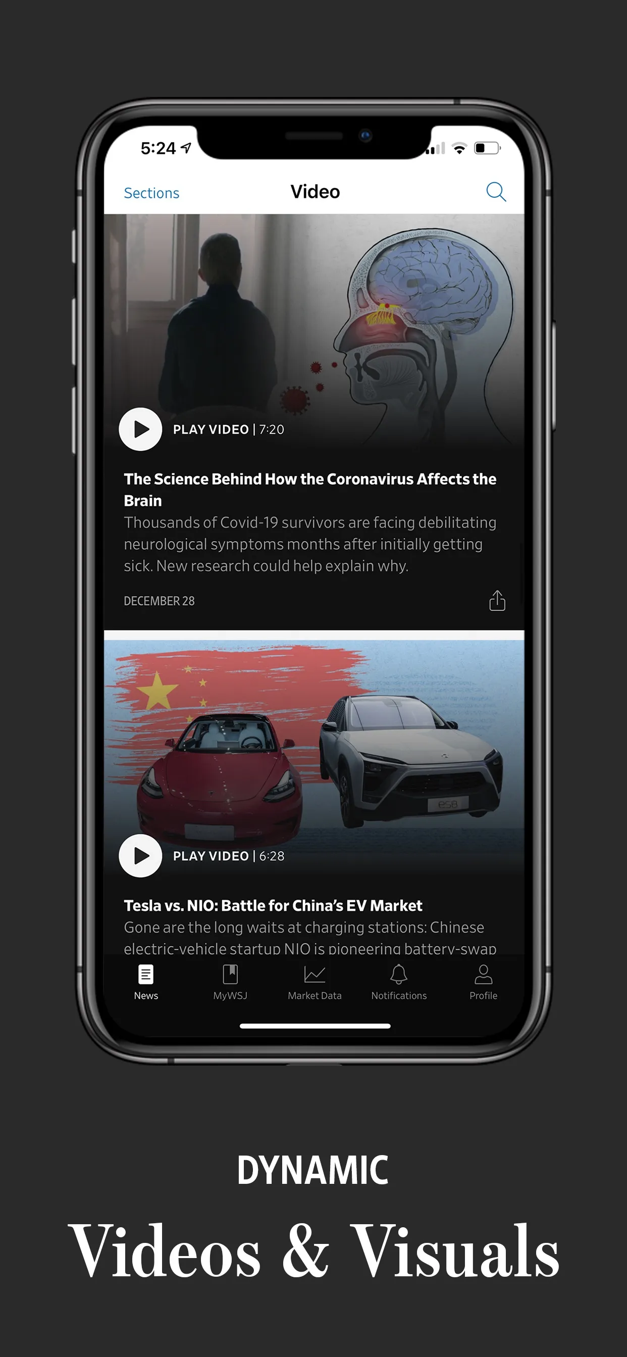 Video section with two playable stories, caption 'Dynamic videos and visuals'