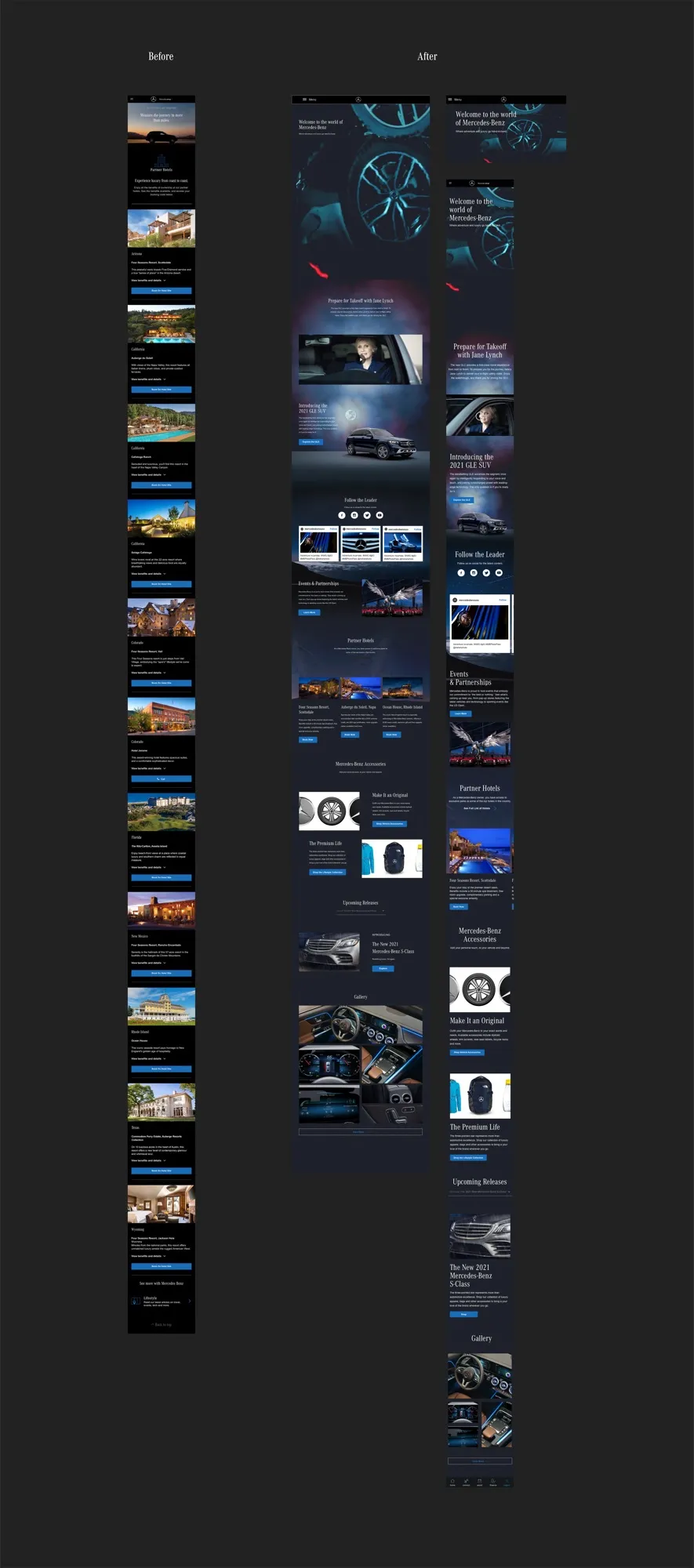 Before and after of the Mercedes me web experience: a long list of partner content on the left, an editorial layout on the right