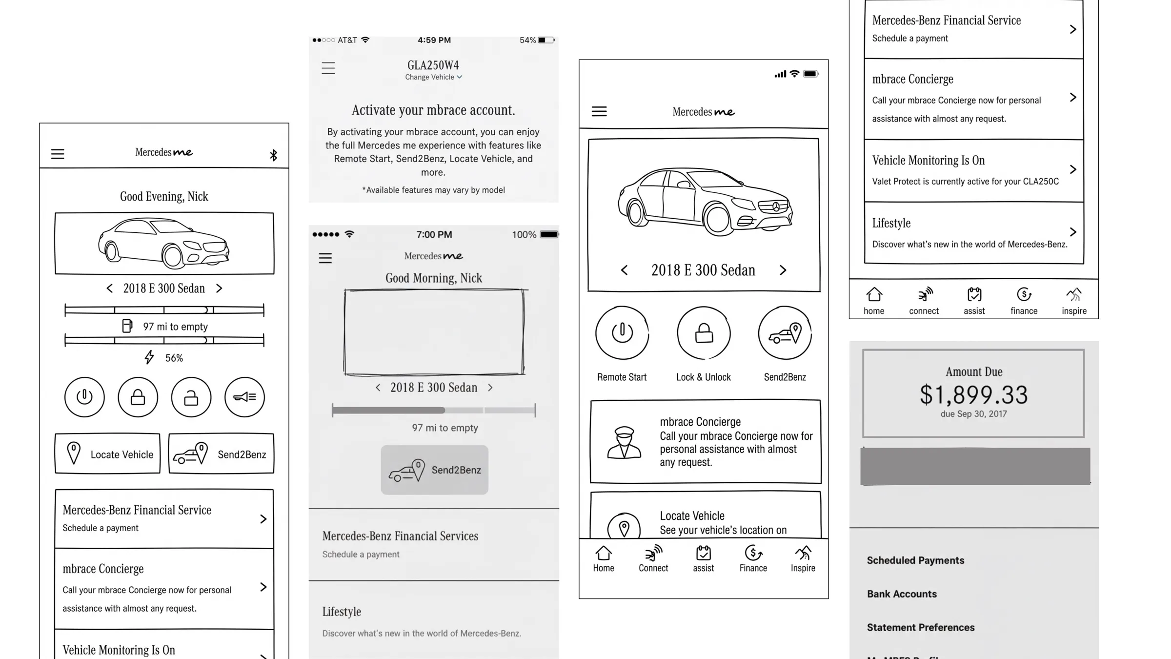 Hand-drawn wireframes of the home screen, the mbrace activation screen, the service list and the finance amount-due screen